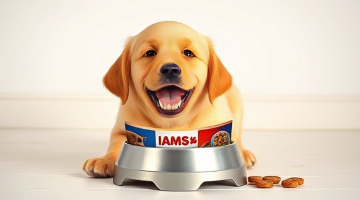 Golden retriever puppy enjoying a bowl of Iams dog food