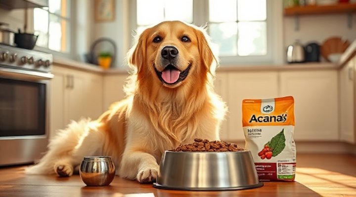 Golden retriever enjoying Acana dog food from a bowl