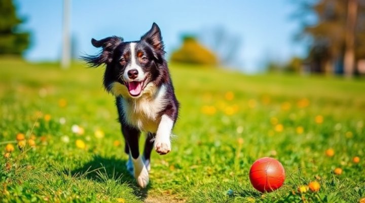 A vibrant and energetic dog playing fetch in a park, showcasing good health