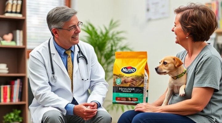 A veterinarian recommending Nutro dog food to a pet owner