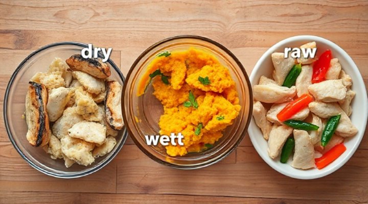 Comparison of different cat food ingredients on a table