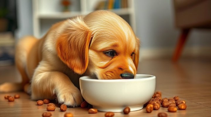 A cute golden retriever puppy enjoying a meal
