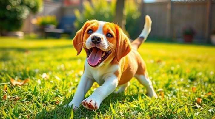 Healthy beagle puppy with shiny coat playing