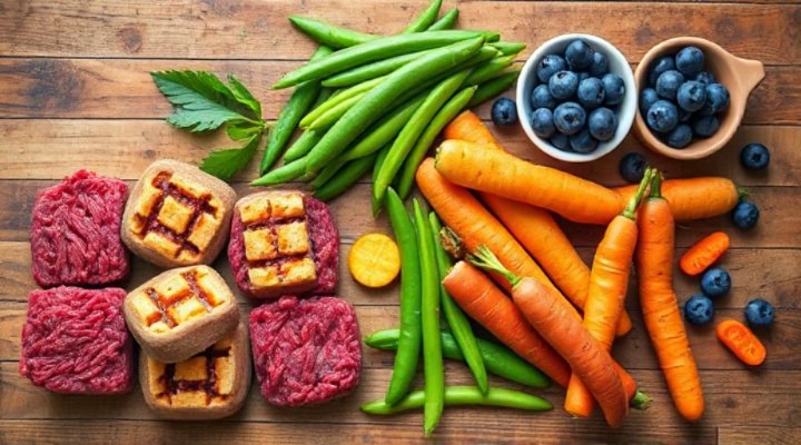 Fresh ingredients for homemade dog food on kitchen counter