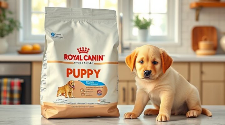 Royal Canin puppy food bag with a cute golden retriever puppy