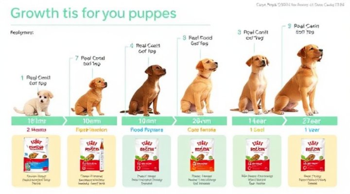 Illustration of puppy growth stages with Royal Canin food recommendations