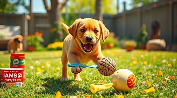 Energetic puppy playing after meal with Iams food