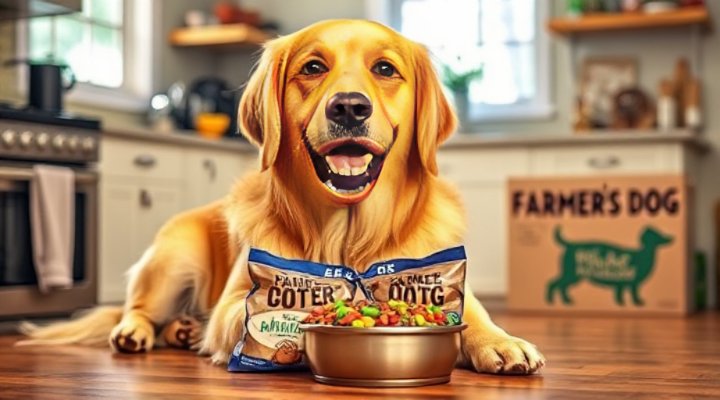 A happy golden retriever enjoying a bowl of Farmer