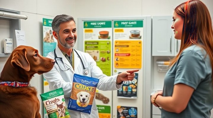 Friendly veterinarian explaining dog food options to pet owner