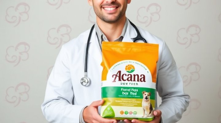 A veterinarian holding Acana dog food and smiling