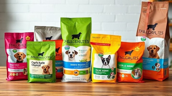 Side-by-side comparison of various dog food brands and their packaging