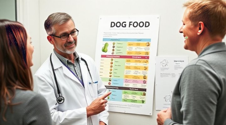A friendly veterinarian explaining dog food options to a concerned pet owner