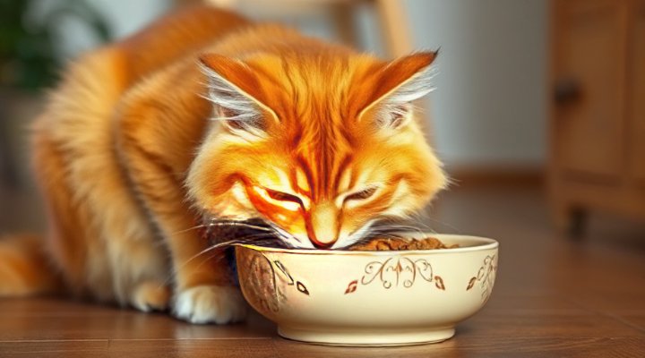 A happy cat enjoying a bowl of nutritious cat food