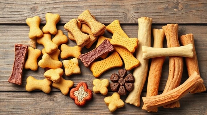 Assortment of healthy dog treats on a wooden table