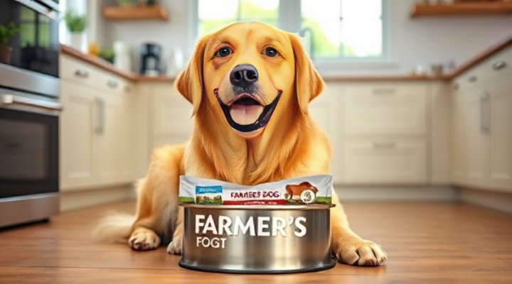 A happy golden retriever enjoying a bowl of Farmer