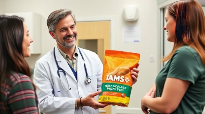 Friendly veterinarian discussing Iams puppy food with pet owner