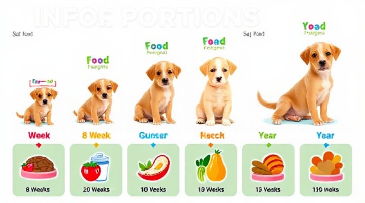Illustration showing puppy growth stages with appropriate food portions