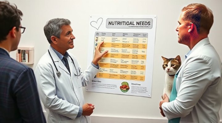 Veterinarian explaining cat food options to pet owner