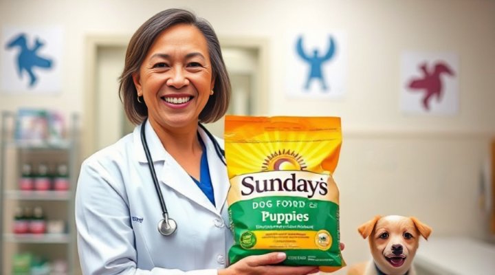 A friendly veterinarian holding a bag of Sundays Dog Food for Puppies