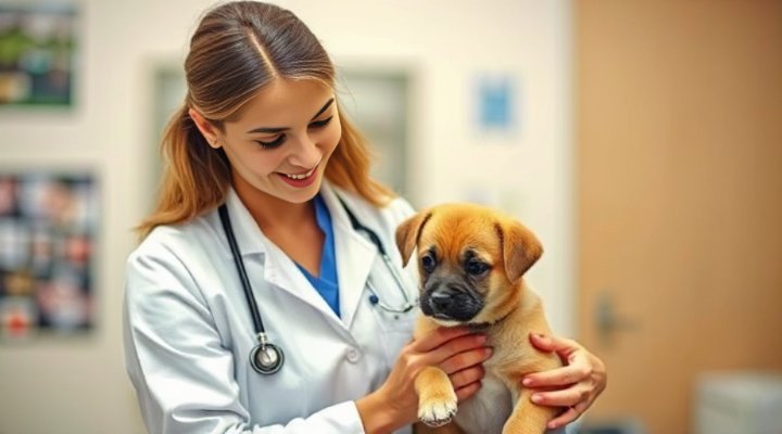 Kind veterinarian checking a small puppy