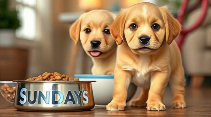 A golden retriever puppy happily eating Sundays Dog Food from a bowl