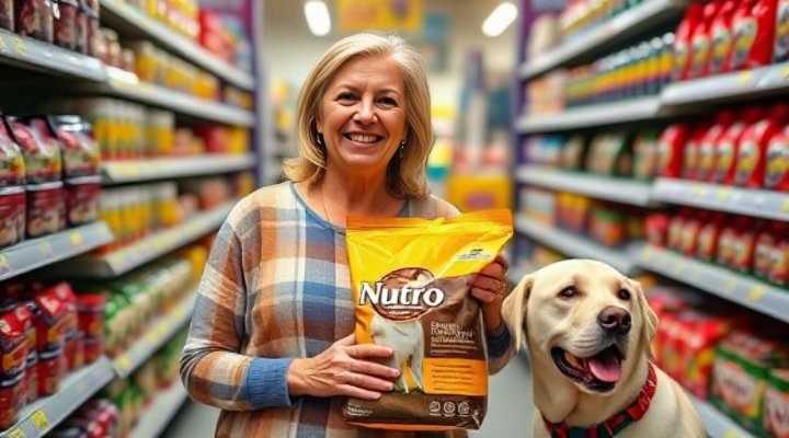 A caring dog owner selecting Nutro dog food at a pet store