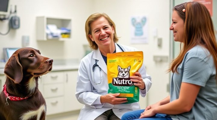 A veterinarian discussing Nutro Dog Food with a pet owner