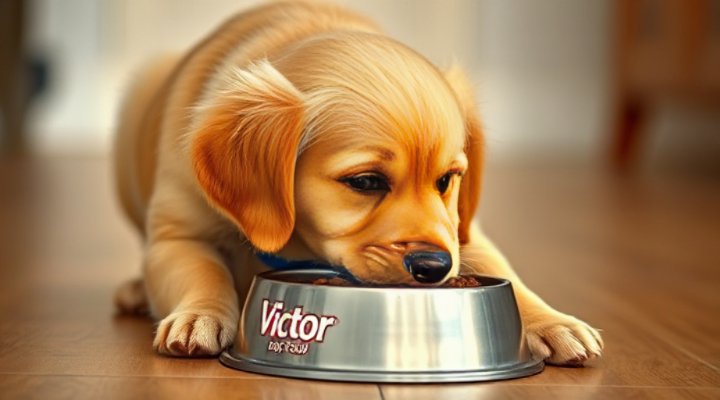 A golden retriever happily eating Victor Dog Food from a bowl
