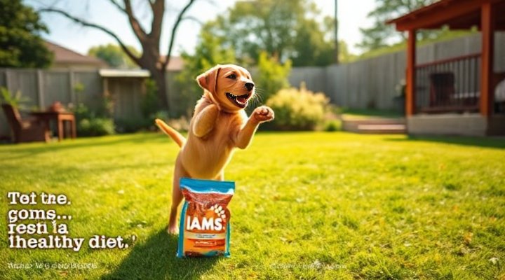 Energetic puppy playing after a meal of Iams dog food