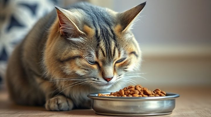 An older cat eating age-appropriate food