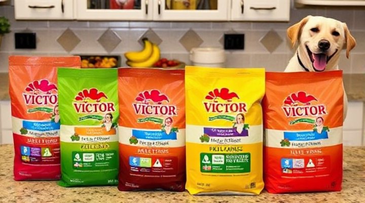 Various Victor Dog Food bags displayed together