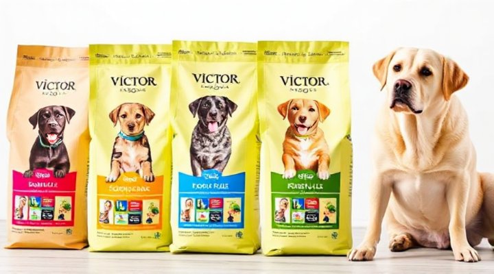 Various Victor Dog Food bags showing different formulas for breeds and life stages