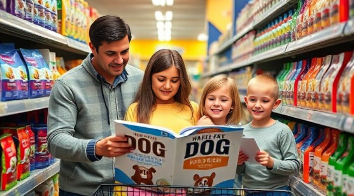 A family with children selecting dog food from store shelves