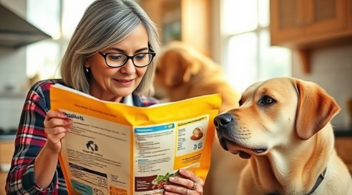 Person carefully reading the nutritional information on a dog food bag