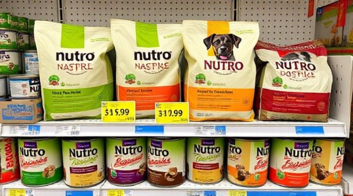 Nutro Dog Food bags and cans on a shelf
