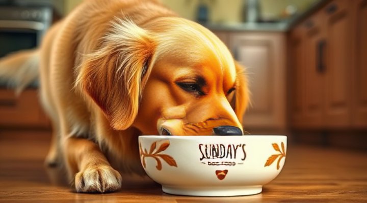 Golden retriever happily eating Sundays Dog Food from a bowl