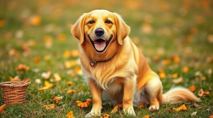 A happy golden retriever sitting with a handful of training treats