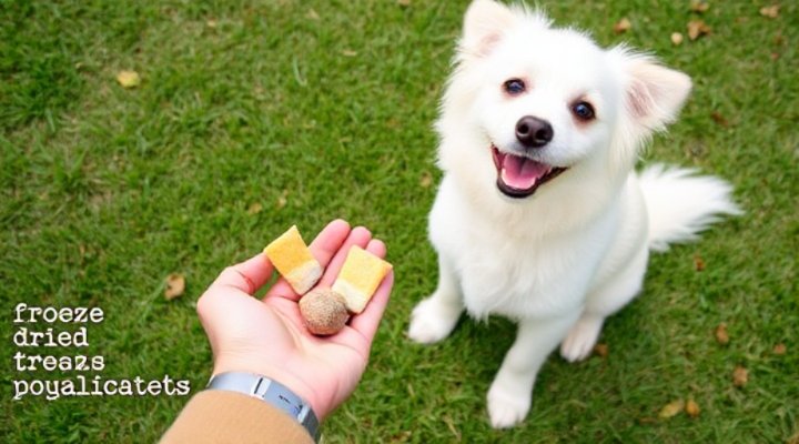 A small dog happily eating freeze-dried treats