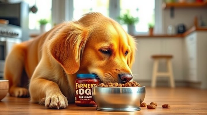 A happy golden retriever enjoying a bowl of Farmer
