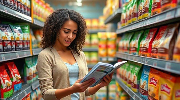 Person reading puppy food labels in pet store