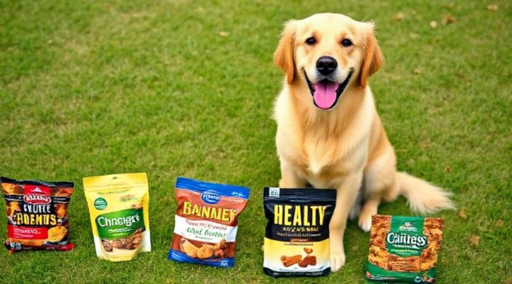 A happy golden retriever sitting with a variety of dog treats