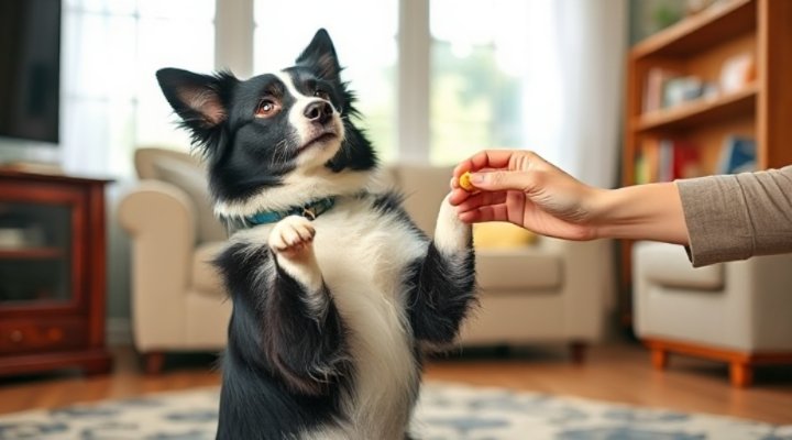 A dog performing a trick to earn a training treat