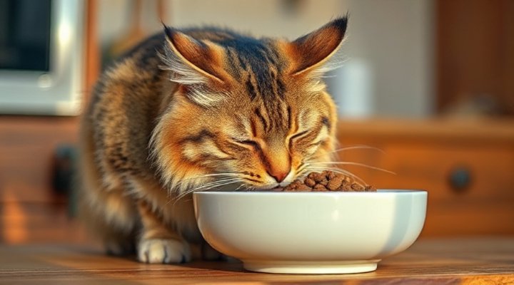 A happy cat enjoying a bowl of nutritious cat food