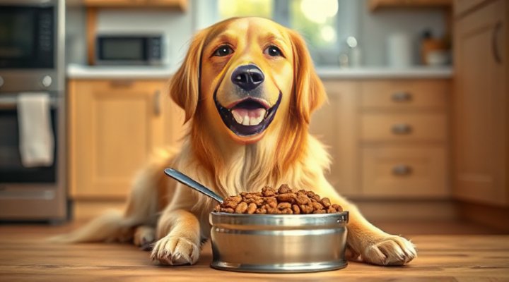 A happy golden retriever enjoying a bowl of homemade dog food