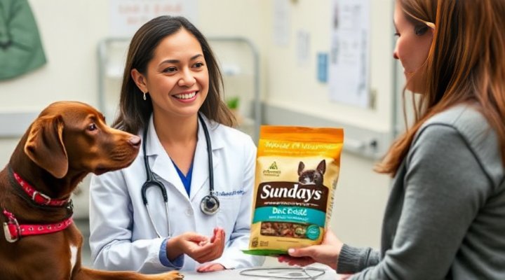 Professional veterinarian discussing dog nutrition with pet owner