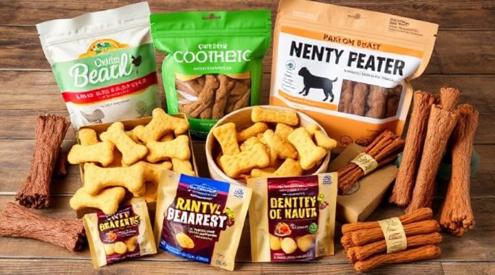 A selection of healthy dog treats on a wooden table