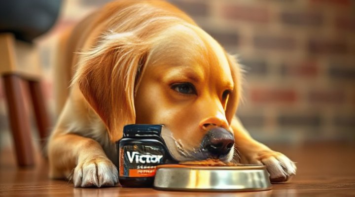 An older golden retriever enjoying a meal of Victor senior formula dog food