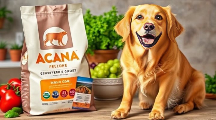 Acana dog food packaging with fresh ingredients