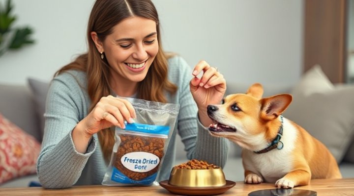 A caring pet owner preparing freeze-dried dog food for their pet