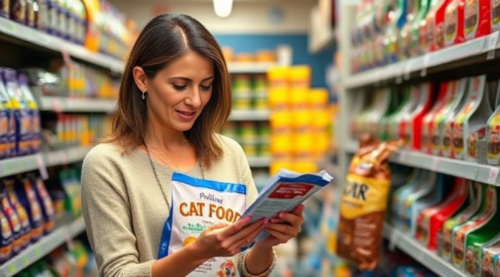 Woman carefully reading cat food label in pet store